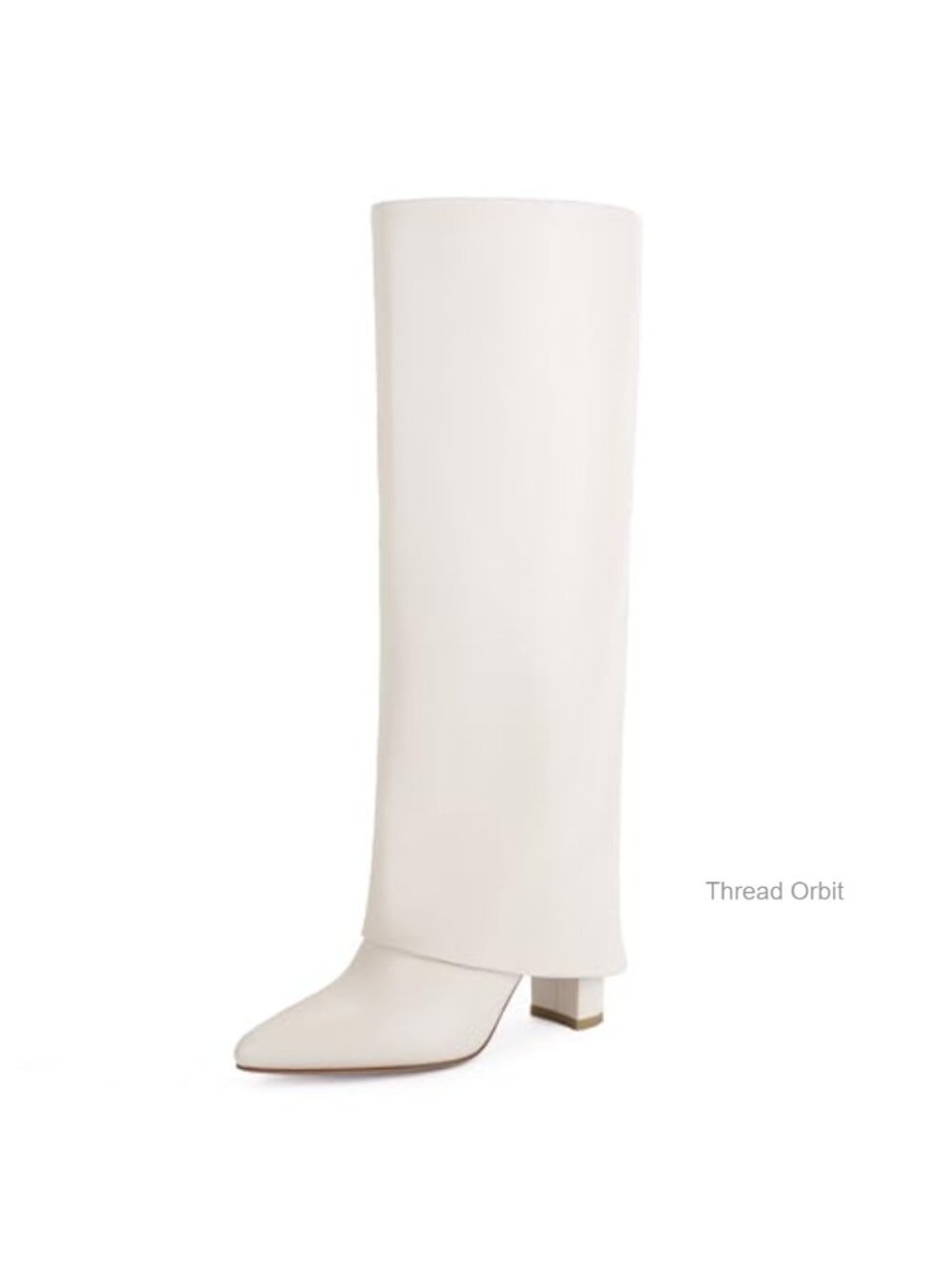Fold Over Knee High Boots Chunky Heel Pointed Toe Tall Faux Leather